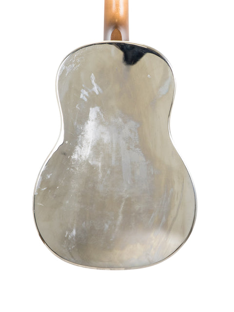 A silver National Resophonic Style N Resonator guitar featuring a wooden back, crafted in the USA in 2001.