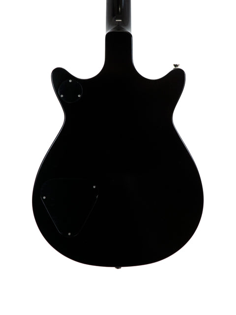 A sleek black guitar, the Gretsch G6131 Malcolm Young Signature Jet, set against a bright white backdrop.