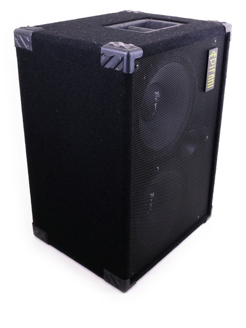 A sleek black speaker with a compact speaker inside, representing the Eden World Tour 800 Head and Epifani 600w Bass Cabinet.