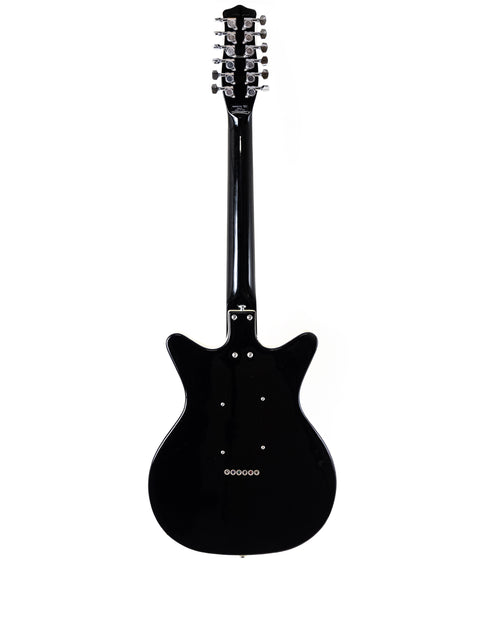 A striking black guitar, the Danelectro DC59 12 String from Korea, 2020, contrasts beautifully with a simple white backdrop.
