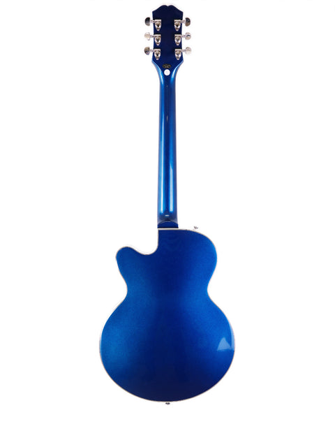 A striking blue Epiphone UpTown Kat ES guitar set against a white backdrop, highlighting its elegant shape and finish.