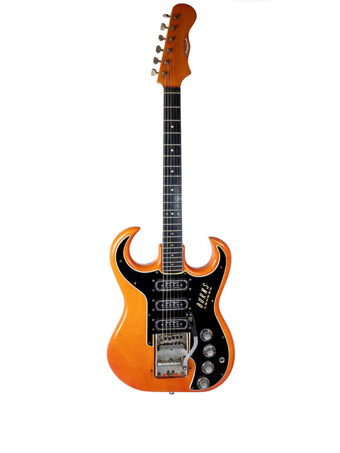 A striking orange guitar with a black pickguard, highlighting the craftsmanship of a USA-made Warmoth Strat Partscaster, 2012.
