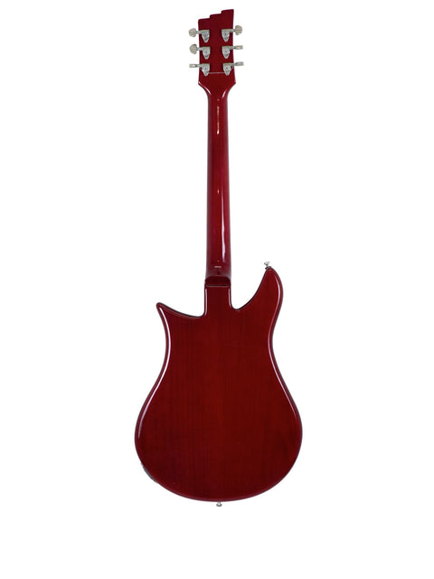 A striking red Duesenberg Double Cat 6 String guitar set against a clean white background, showcasing its sleek design.

