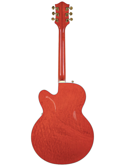 A striking red Gretsch 6120DE Duane Eddy Signature guitar set on a white background, highlighting its unique features and craftsmanship.
