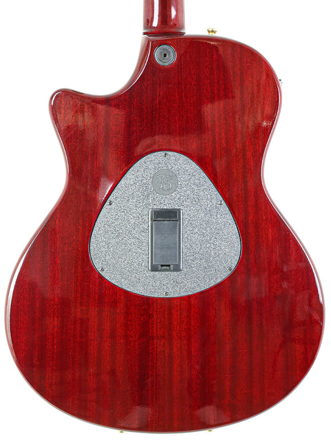 A striking red Taylor T5-C1 guitar featuring a white pickguard, crafted in the USA in 2010, perfect for music enthusiasts.