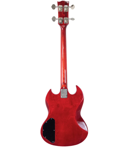 A striking red electric guitar featuring a black body, inspired by the 1976 Ibanez 2403B Lawsuit Bass design.

