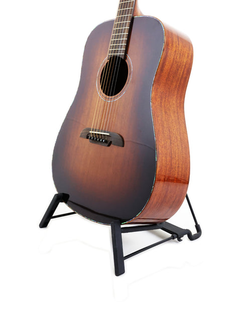 A stunning 2019 Alvarez MDA66SHB guitar positioned on a stand, highlighted by a simple white background.