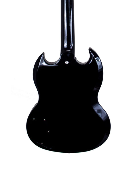 A stylish black guitar featuring a black body and neck, representing the Gibson Custom Shop Wildwood Spec 1961 SG Standard Reissue.