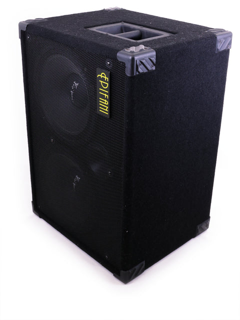 A stylish black speaker adorned with a yellow logo, designed for the Eden World Tour 800 Head and Epifani 600w Bass Cabinet.
