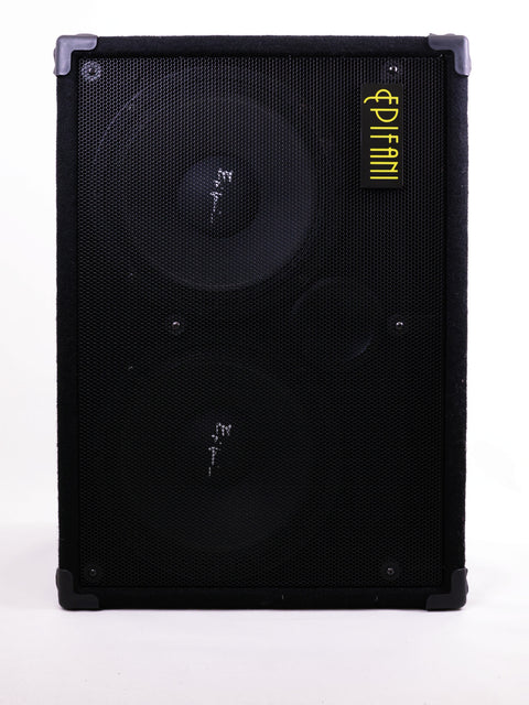 A stylish black speaker equipped with two speakers, representing the Eden World Tour 800 Head and Epifani 600w Bass Cabinet.