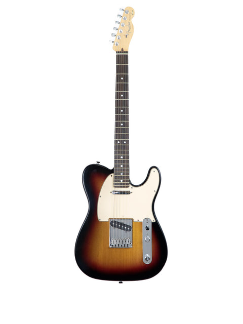 A sunburst electric guitar with a white pickguard on a white background.
