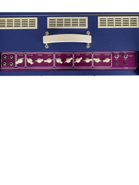 A vibrant blue and purple Vox AC 30 C2 Limited Edition amplifier, complete with a clean white control panel for user-friendly access.