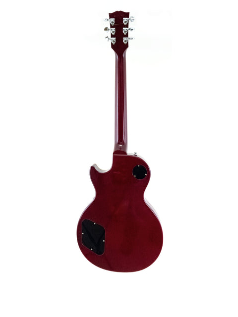 A vibrant red Gibson Les Paul Standard electric guitar set against a white backdrop, highlighting its classic shape and finish.