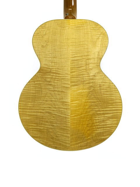 A vibrant yellow Gibson J-185-12 string guitar, featuring a smooth neck, highlighting its unique and stylish appearance.