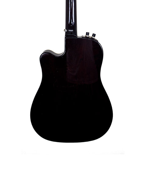 A vintage 1984 Washburn Mirage Deluxe guitar in black, elegantly positioned on a white background, emphasizing its classic look.
