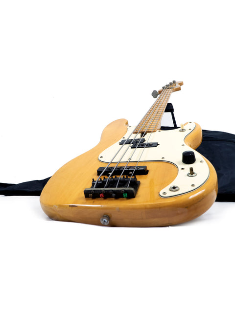 A vintage Greco PB 750 electric bass guitar with a case, displayed on a white background, highlighting its classic features.