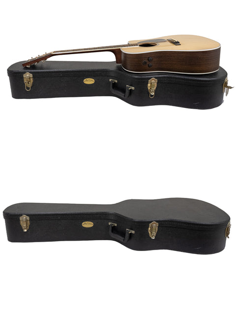 A white background showcases two guitars in a case, highlighting the Martin DC Aura GT Dreadnought, USA, 2019.