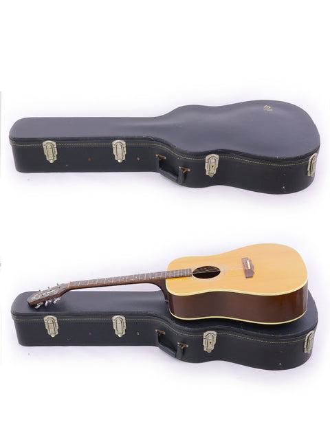 A white background showcases two guitars in a case, including a 1989 USA-made Guild D40.