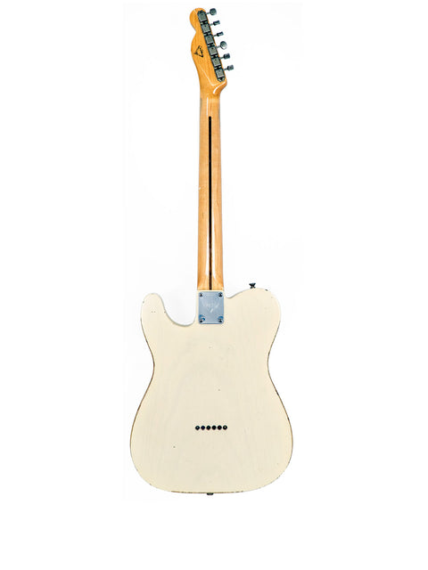  A white guitar featuring a wooden body and neck, specifically the Fender Custom Shop Chris Fleming Masterbuilt 55 Tele from 2006.
