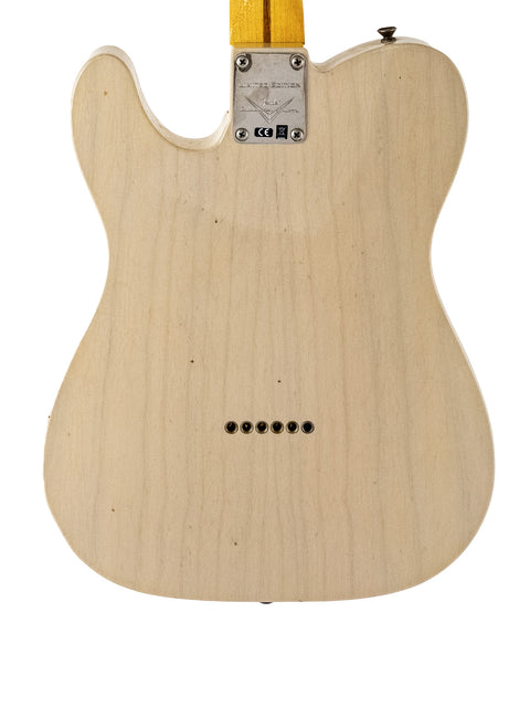 A white guitar with a yellow neck, specifically a 2018 Fender Custom Shop '50s Thinline Relic Telecaster, exuding classic style.
