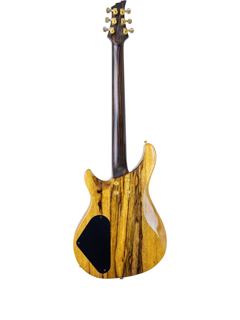 A wooden-bodied guitar with a black pickguard, showcasing the Ed Roman Quicksilver PRS style from 2004, USA-made.