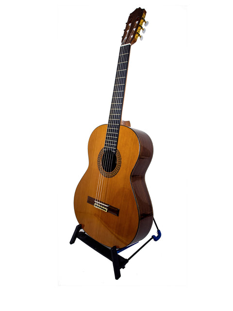 Alhambra C-Series ORO classical guitar displayed on a stand, featuring a pristine white background that highlights its craftsmanship.
