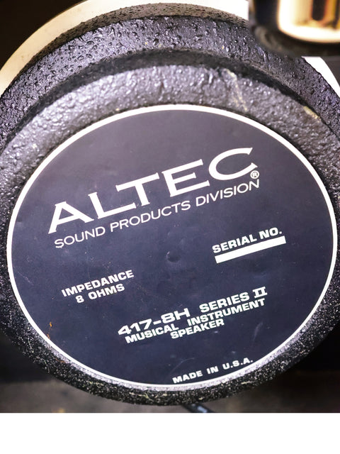 Altec 4th series 4-way speaker displayed alongside a classic 1976 Mesa Boogie Mark 1 Combo amplifier.
