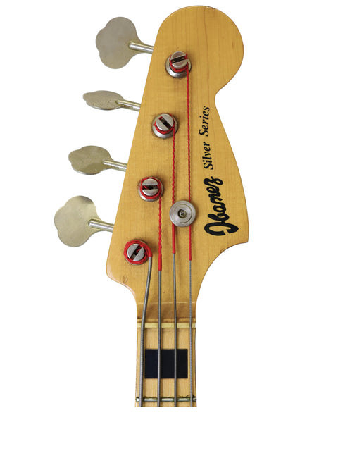 An Ibanez Silver Series P/J Bass from 1978 showcased on a plain white backdrop.