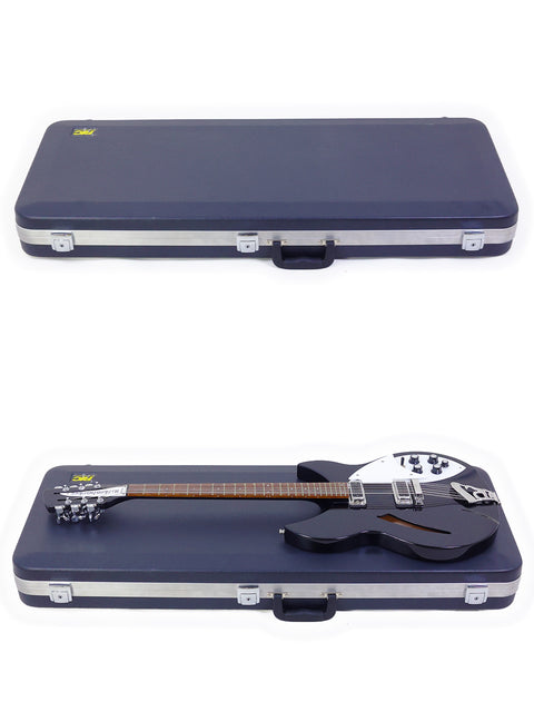 An image of two instrument cases displaying a Rickenbacker 330 12-string guitar and a bass, highlighting their elegant features.