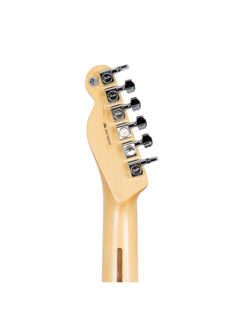 Back of a guitar headstock with tuning pegs on a white background.