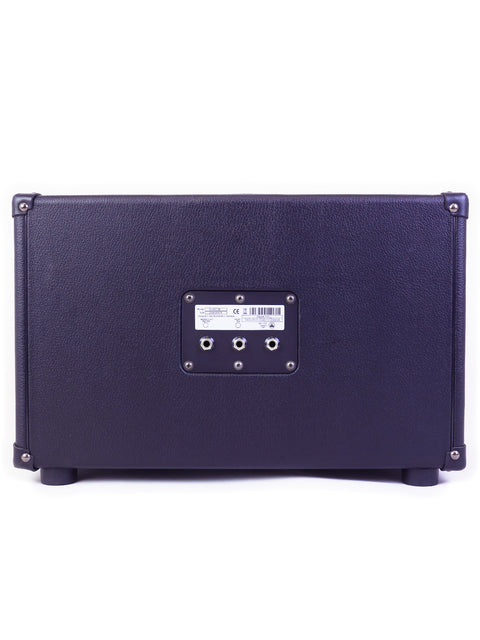 Back of a purple amplifier with inputs and manufacturer label against a white background.