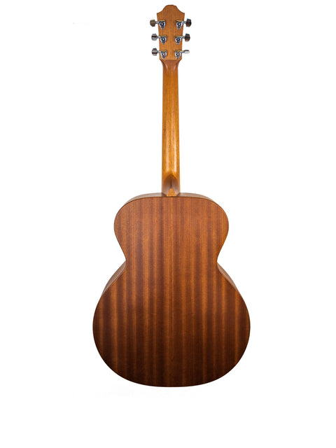 Back view of a Furch S40-CM acoustic guitar, showcasing its elegant wooden back from 2008, highlighting craftsmanship.
