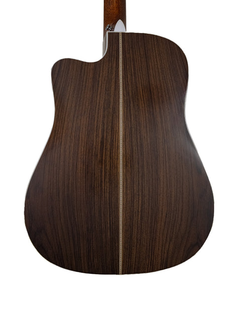 Back view of a Martin DC Aura GT Dreadnought acoustic guitar, showcasing its elegant wooden back from 2019.