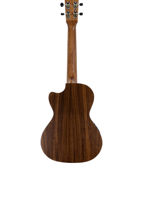 Back view of a brown ukulele isolated on a white background.