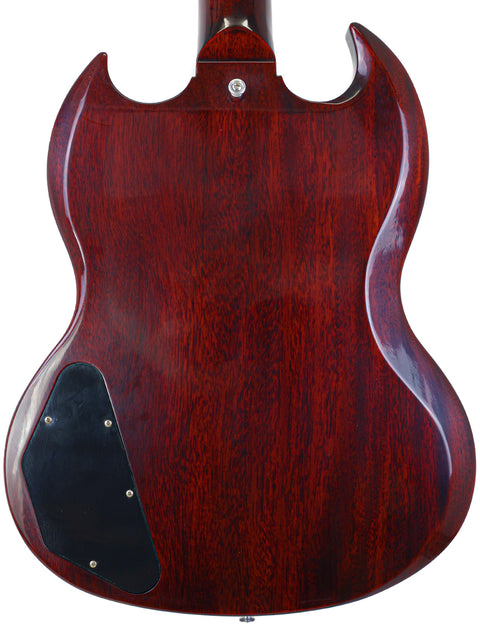 Back view of a red Gibson Custom Shop '64 SG Standard guitar, showcasing its sleek design and craftsmanship.
