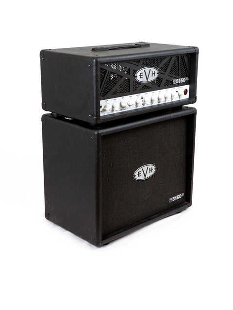 Black EVH 5150 III 50 Watt Amp Head on a white background, showcasing its sleek design and powerful features.
