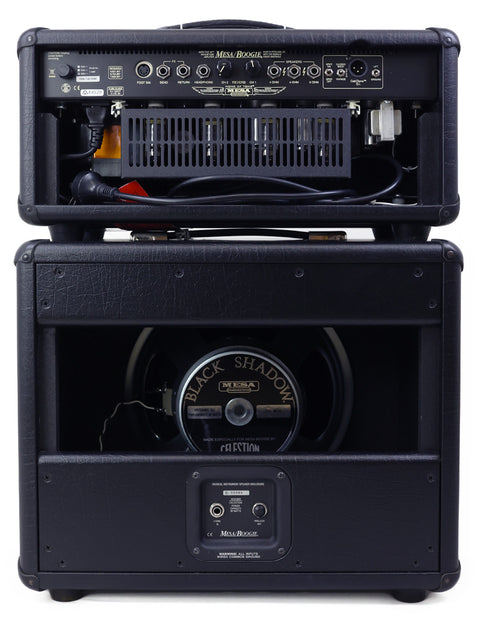 Black Mesa Boogie Mark V 35 amplifier with a 1 x 12" speaker cabinet and a microphone, highlighting its professional audio setup.