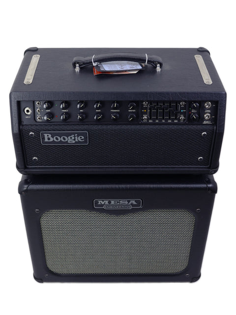 Black Mesa Boogie Mark V 35 guitar amp with a sleek black cover, accompanied by a 1 x 12" speaker cabinet.