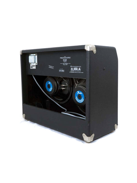 Black amplifier with blue and white buttons, showcasing the Fender Princeton Chorus Combo model from 1992.