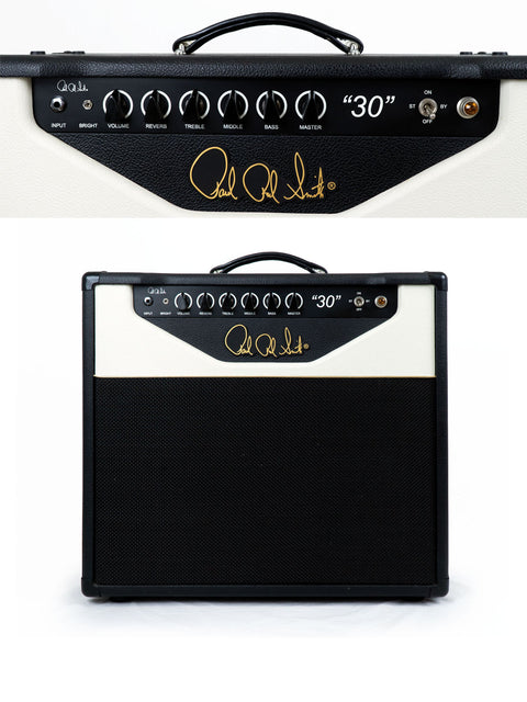 Black and white PRS Paul Reed Smith 30 Combo Amp displayed, showcasing its sleek design and vintage appeal.

