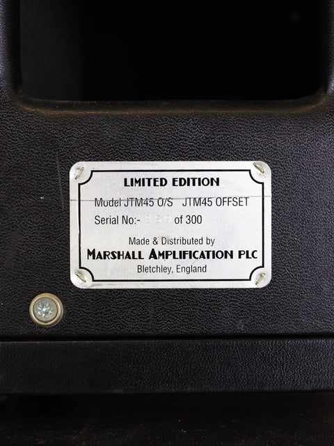 Black and white image of a label on a box, highlighting the Marshall Offset Limited Edition JTM45 Head and 412 Cabinet from 2002.