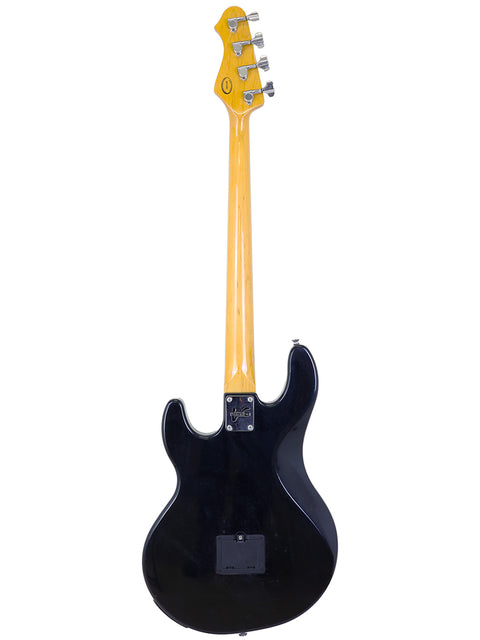 Black electric guitar with a striking yellow neck, identified as a Line 6 Variax Bass from Korea, produced in 2004.