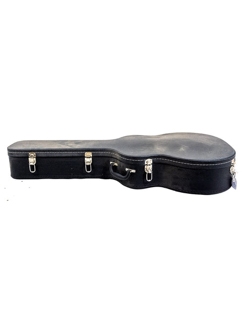Black guitar case for a 1935 Epiphone Masterbilt Zenith, displayed on a stark white background.