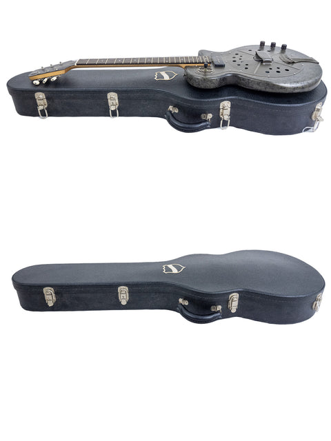  Black guitar cases with two guitars displayed on a white background, including a 2009 National Reso-Phonic Tricone Resonator.