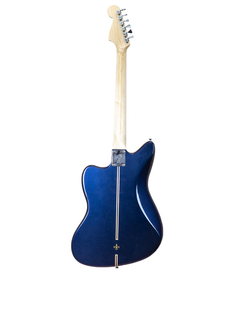 Blue electric guitar featuring a wooden body, the Zachary & Mercer Mastermind “Royal” Offset, made in Aust 2021.