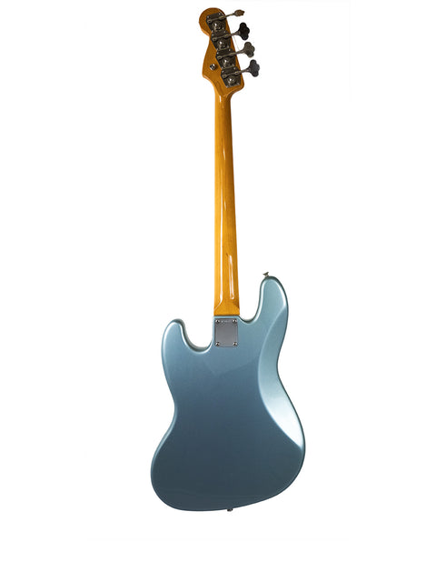Blue electric guitar suspended vertically against a white background.