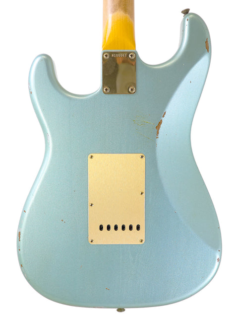 Blue guitar featuring a yellow pickguard, a Fender Custom Shop Ltd Poblano Partscaster from the USA, 2020.