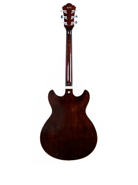 Brown Ibanez Artcore AS73 FM semi-hollow body guitar displayed on a stark white background.