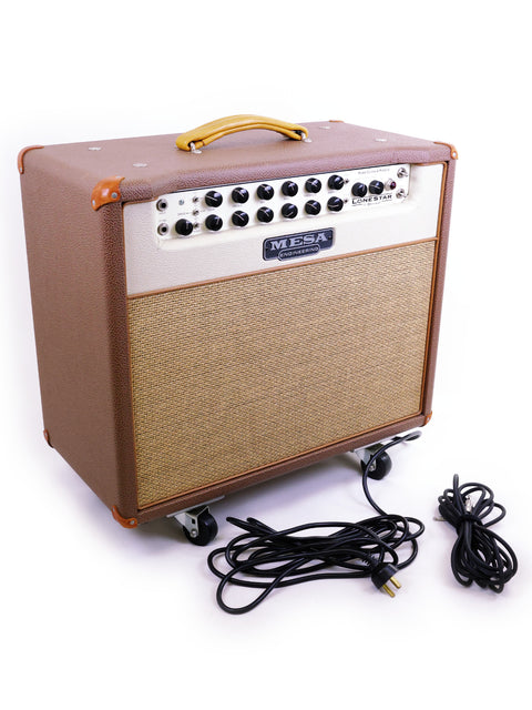 Brown and tan guitar amplifier, Mesa Boogie Lonestar Special 1x12 combo, with a cord, ideal for musicians and performers.