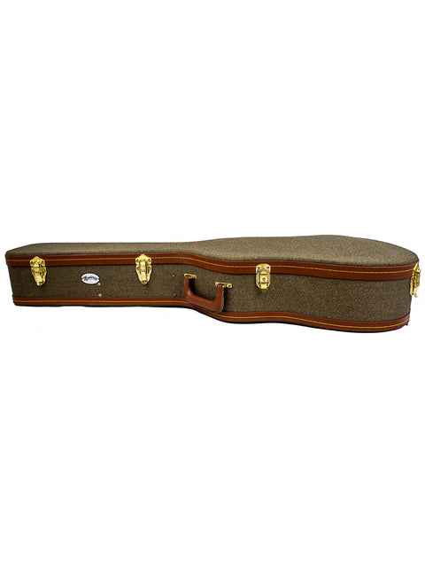 Brown and tan guitar case featuring a handle, marked 'Gerard Gilet 000 14 Fret Acoustic – Aust 2005'.